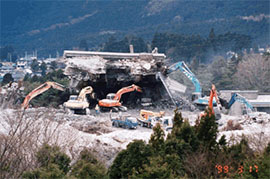 Photo of cranes razing the demolished sho-hondo